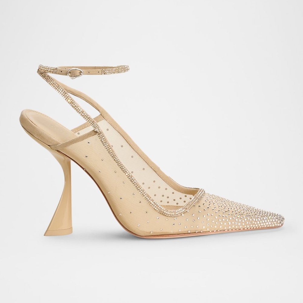 Cult Gaia Diya Pointed Toe Crystal Ankle Strap Pumps Heels Sand Dollar NEW